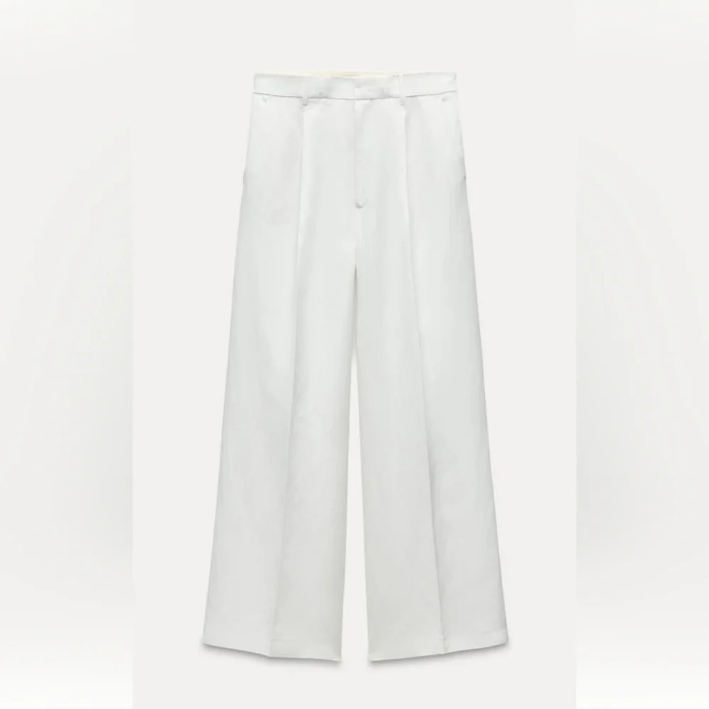 Zara Zw Collection Elegant Oyster White Straight-Leg Linen Blend Trousers